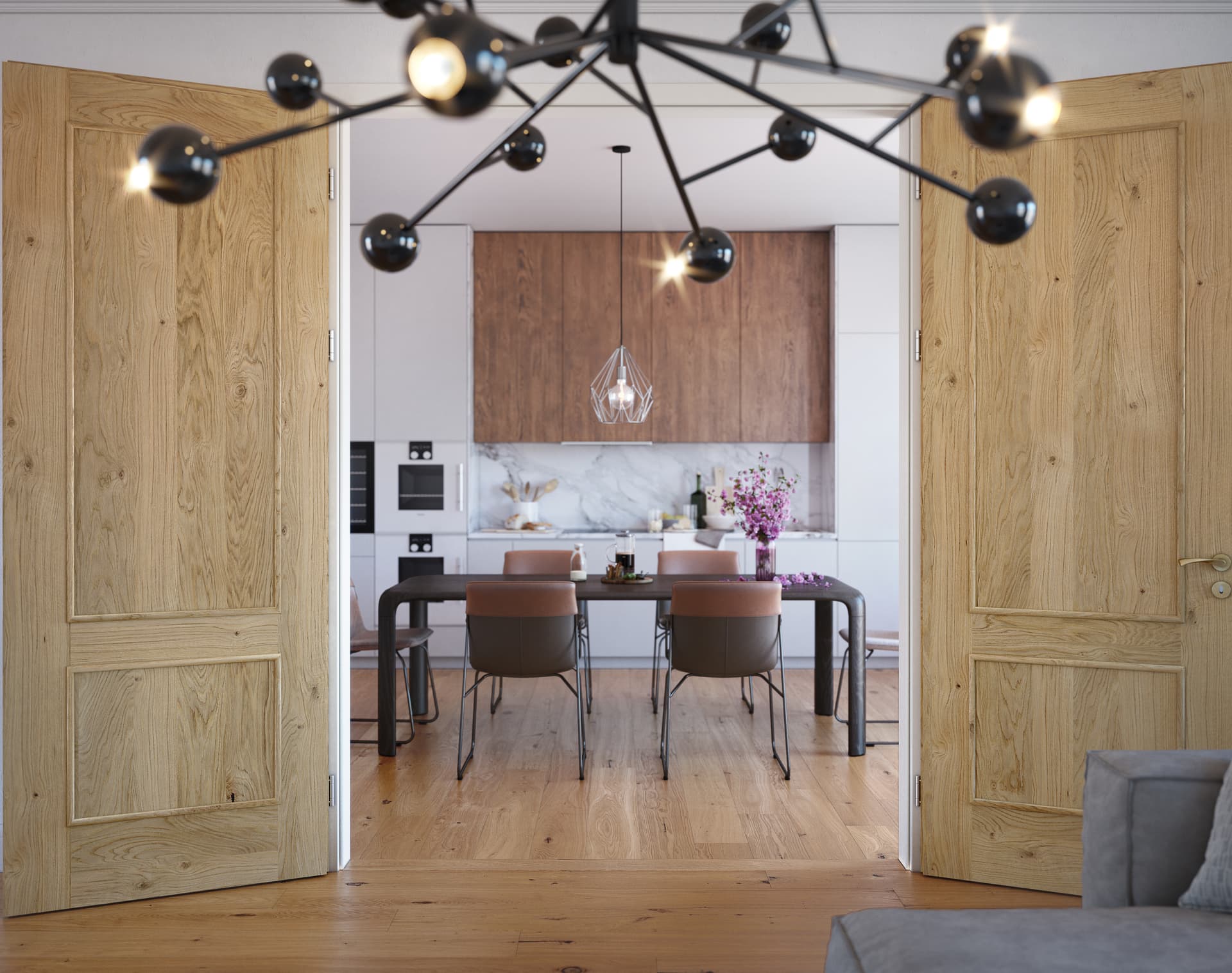 Porte affleurée dans un intérieur contemporain
